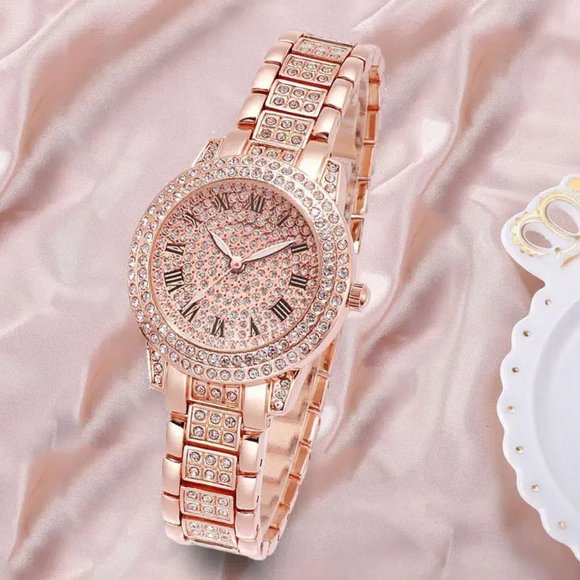 Accessories - Women's Sparkling Rose Gold Watch with Rhinestones on Case and Band New